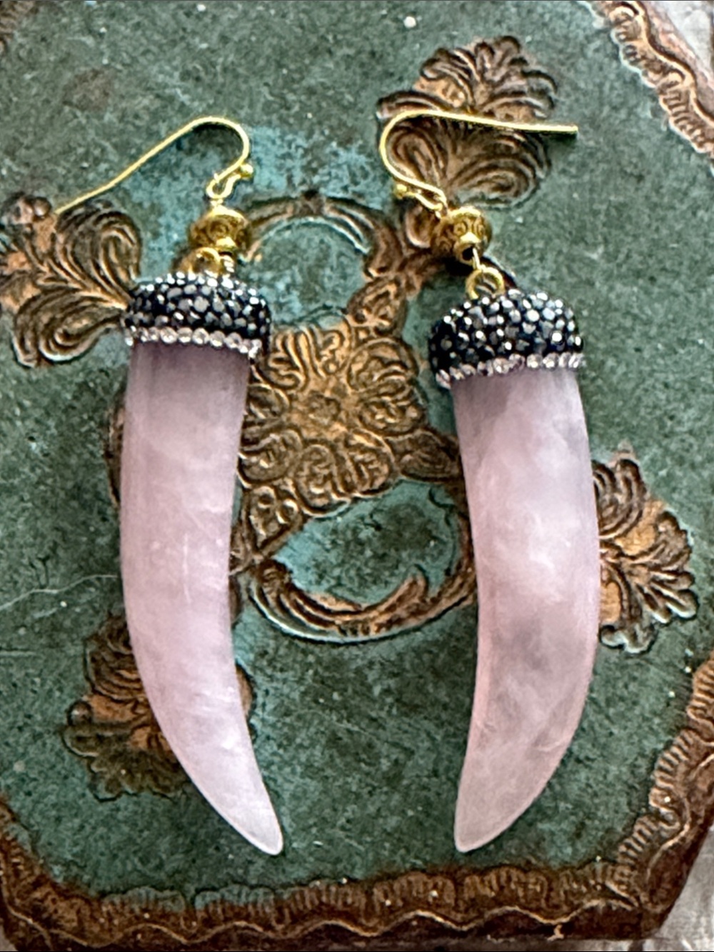 Stunning rose quartz horn earrings crystal embellished gold plated  hook wires